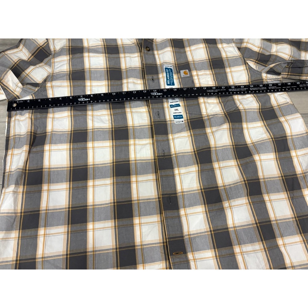 Carhartt Mens shirt 2x Relaxed Fit Plaid Short Sleeve Button Down Grey/yellow - Picture 5 of 5